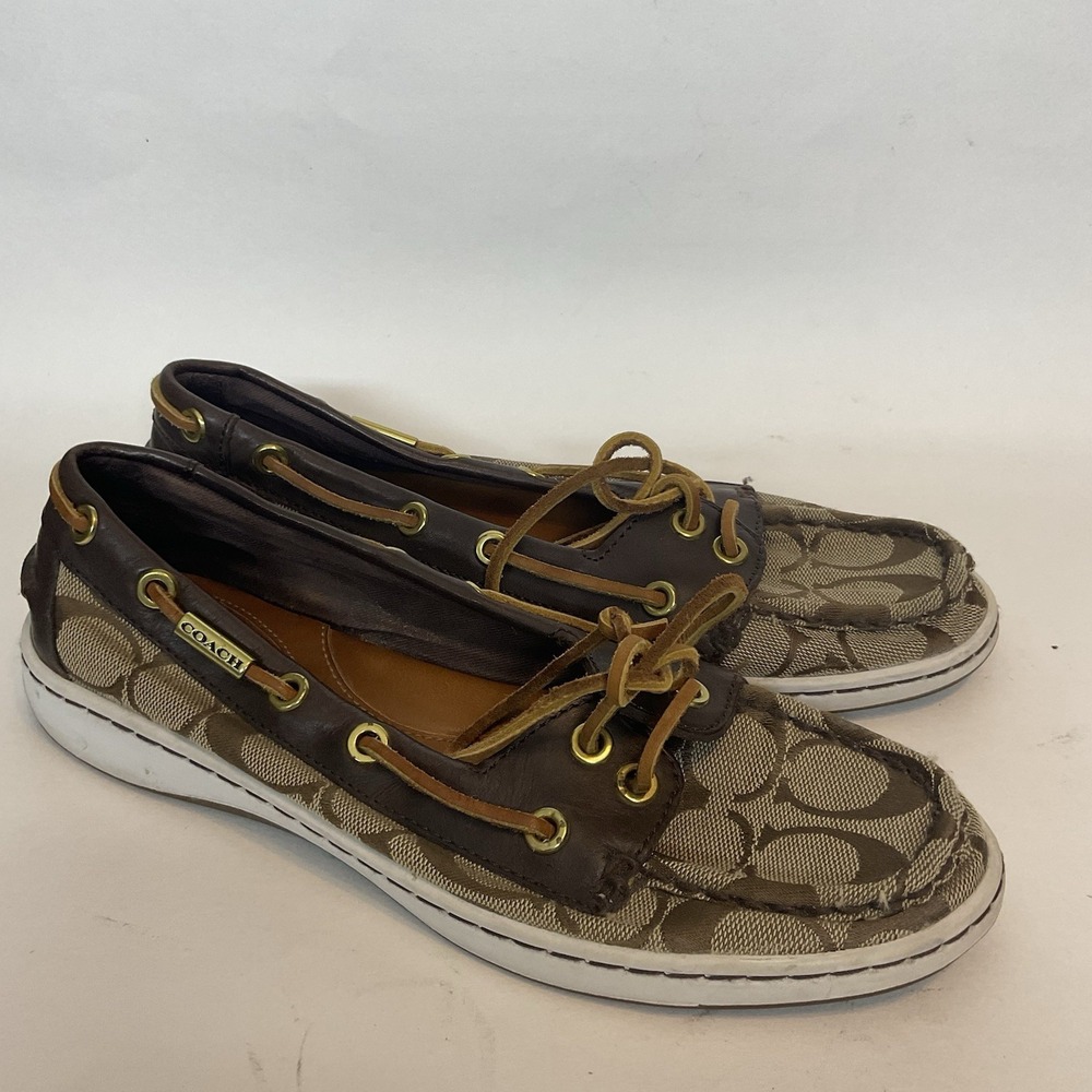 Coach Richelle Topsider Boat Shoes Canvas Leather brown Womens Size 7B Monogram